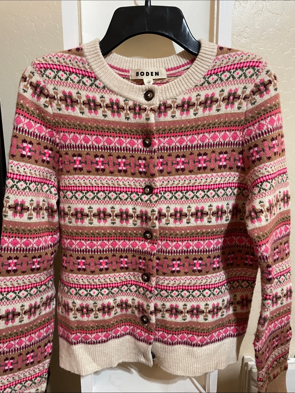 Boden Pink, Cream & Brown Fair Isle Button-Up Cardigan
